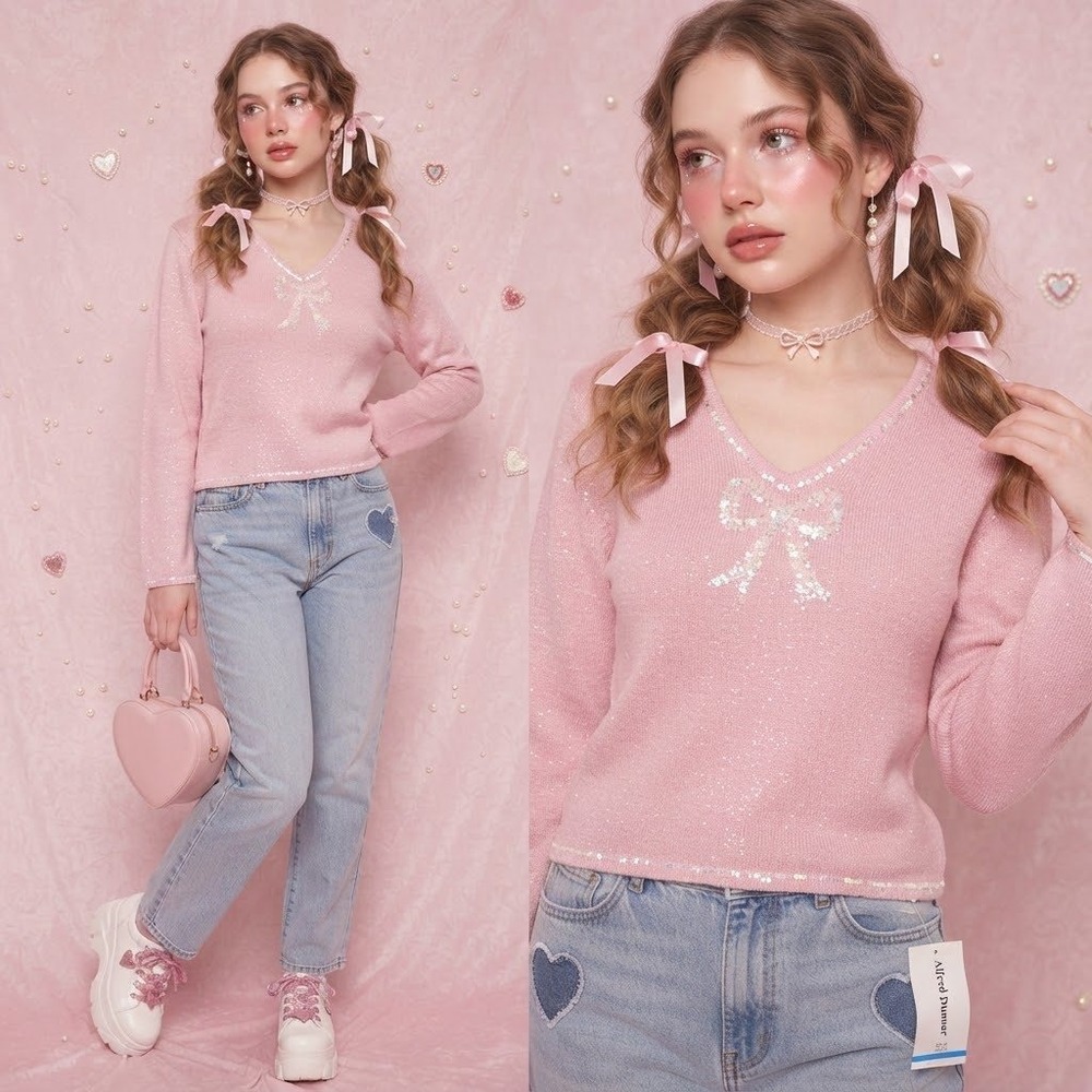 Alfred Dunner Pink Sequin Bow Metallic Knit V-Neck Sweater XL Coquette Soft Girl